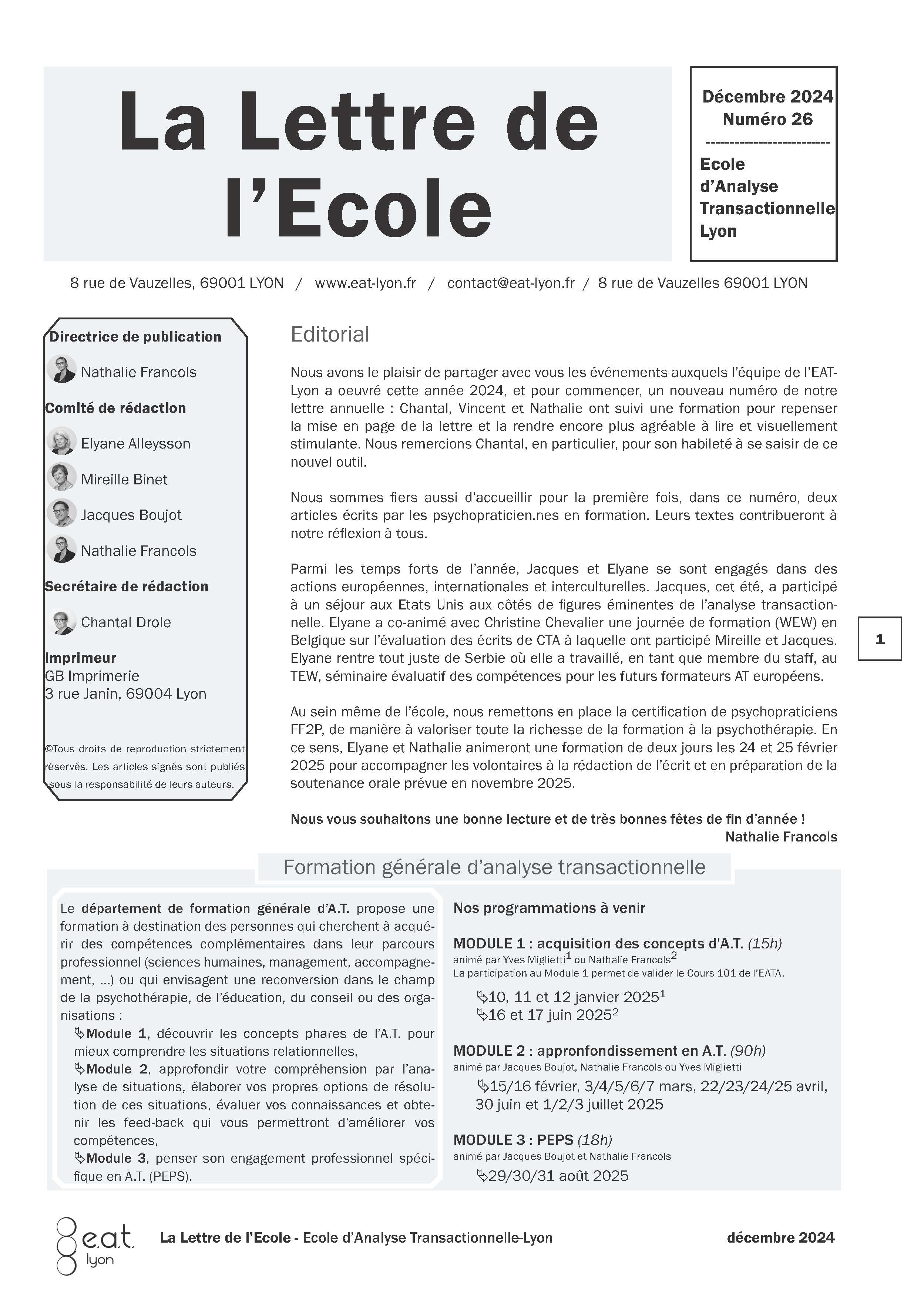 La lettre de l'école n°26 - Décembre 2024
